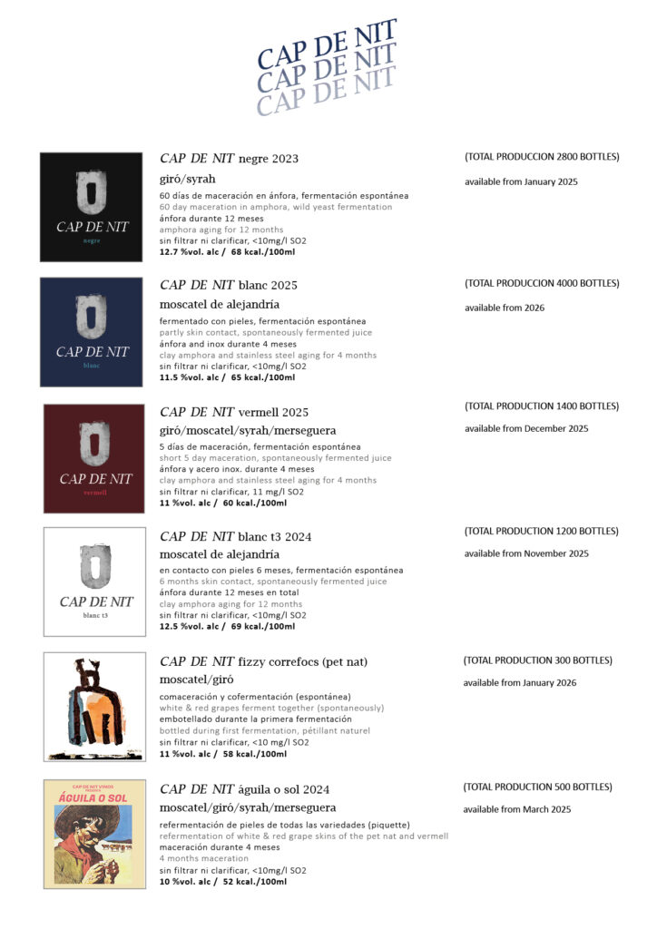 wine list cap de nit natural wines alicante moscatel giró blanc negre vermell blant t3 pet nat ancestral 2026